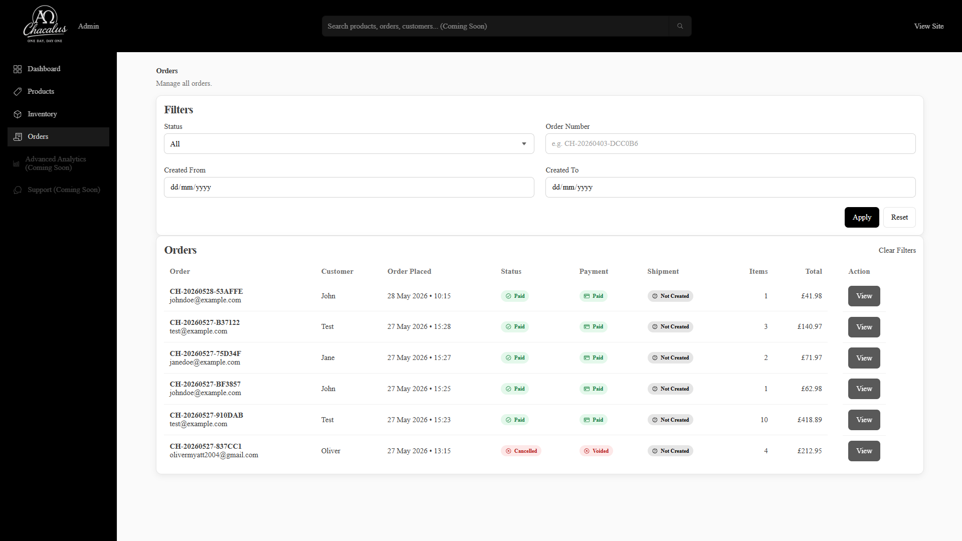 Chacalus order management interface